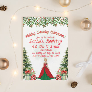 Holiday Birthday Celebration Doll Einladung