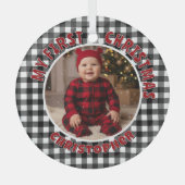 Holiday Black & White Kariert First Christmas Cust Ornament Aus Glas (Vorderseite)