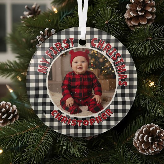Holiday Black & White Kariert First Christmas Cust Ornament Aus Glas