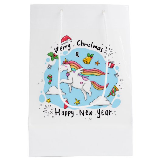 Holiday Blessings Unicorn Christmas Gift Bags Mittlere Geschenktüte (Rückseite)