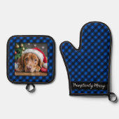 Holiday Blue Kariert Pet Hund Personalisiertes Fot Ofenhandschuh & Topflappen-Set (Vorderseite)
