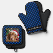 Holiday Blue Kariert Pet Hund Personalisiertes Fot Ofenhandschuh & Topflappen-Set (Vorderseite/Rückseite)