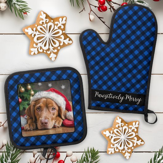 Holiday Blue Kariert Pet Hund Personalisiertes Fot Ofenhandschuh & Topflappen-Set