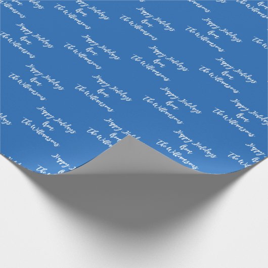 Holiday Blue Personalisiert Name Script Calligraph Geschenkpapier (Ecke)