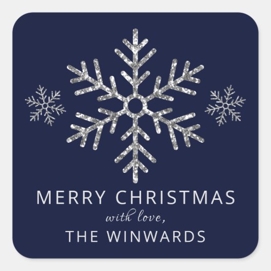 Holiday Blue & Silver Glitzer Weihnachten Schneefl Quadratischer Aufkleber (Vorderseite)