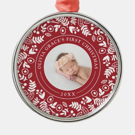 Holiday Botanical | Erstes Weihnachtsfest des Kind Ornament Aus Metall (Vorne)