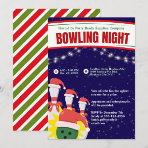 Holiday Bowling Night Weihnachtsmannmützen Blauer Einladung