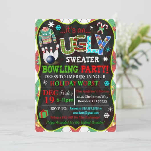 Holiday Bowling Party Einladung (Stehend Vorderseite)