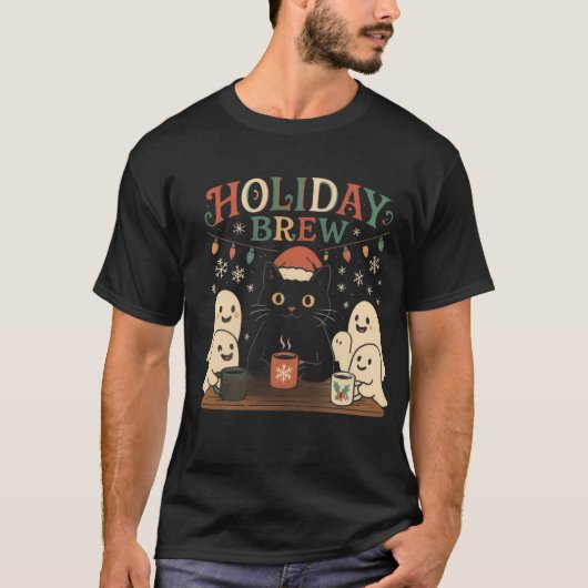 Holiday Brew - Niedlich Black Cat & Ghosts Weihnac T-Shirt (Vorderseite)