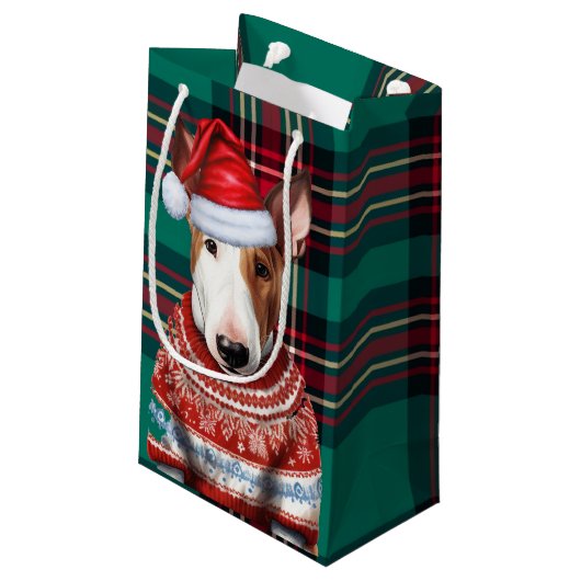 Holiday Bull Terrier Dog Red Green Kariert Weihnac Kleine Geschenktüte (Rückseite Schrägansicht)