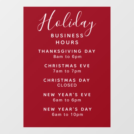 Holiday Business Stunden Red White Custom Fensteraufkleber (Blatt)