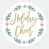Holiday Cheer Moderne Gold Script Weihnachtskranz Runder Aufkleber (Vorderseite)