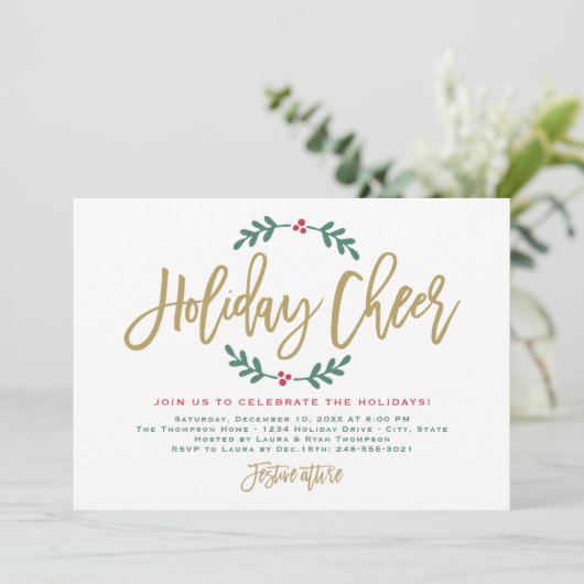Holiday Cheer Modernes Gold Script Weihnachtsfest Einladung (Stehend Vorderseite)