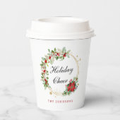 Holiday Cheer Poinsettia Wreath Gold Personalized Pappbecher (Rückseite)