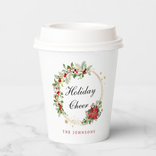 Holiday Cheer Poinsettia Wreath Gold Personalized Pappbecher (Rückseite)