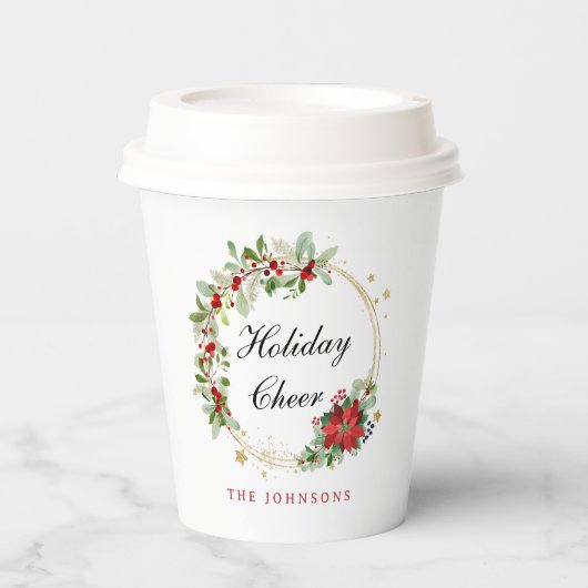 Holiday Cheer Poinsettia Wreath Gold Personalized Pappbecher (Vorderseite)