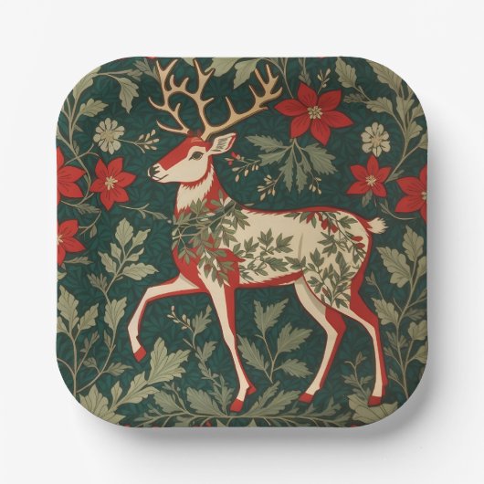 Holiday Cheer Reindeer William Morris Inspired Pappteller (Vorderseite)