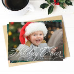 Holiday cheer simple elegant photo Christmas card Feiertagskarte<br><div class="desc">"Holiday Cheer" in an elegant script sits atop of a single horizontal photo. This classic card is the perfect way to send Christmas greetings to friends and family. The back is a festive hunter green plaid.</div>