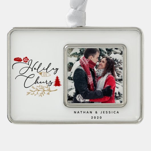 Holiday Cheers Red Holly Foto Gerahmtes Ornament Rahmen-Ornament Silber (Vorderseite)