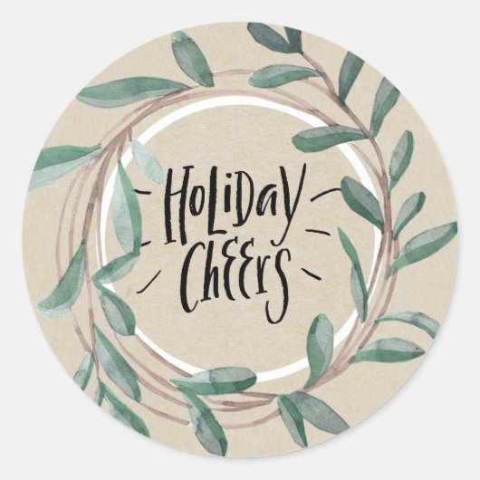 Holiday Cheers Rustic Kraft Botanischer Leaf Kranz Runder Aufkleber (Vorderseite)