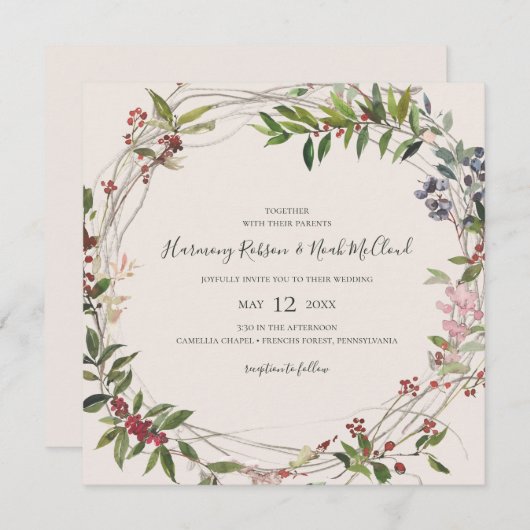Holiday Chic Botanical | Champagne Square Wedding Einladung (Vorne/Hinten)