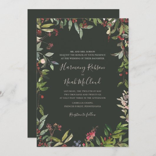 Holiday Chic Botanical | Dark Green Wedding Invita Einladung (Vorne/Hinten)