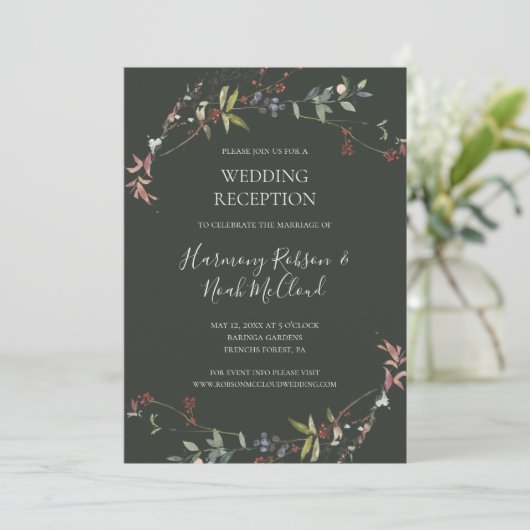Holiday Chic Botanical Green Wedding Empfang Einladung (Stehend Vorderseite)