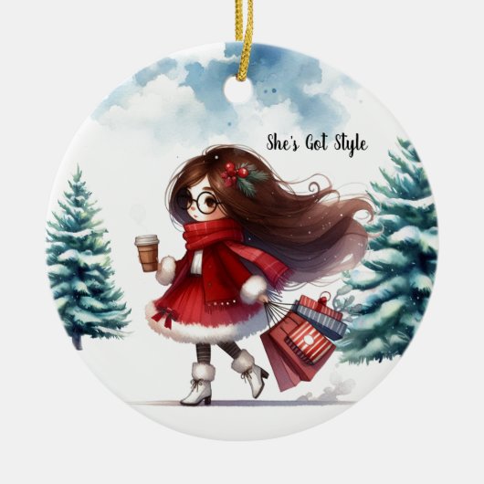 Holiday Chic gestylt Brünette Mode Personalisiert Keramik Ornament (Vorne)