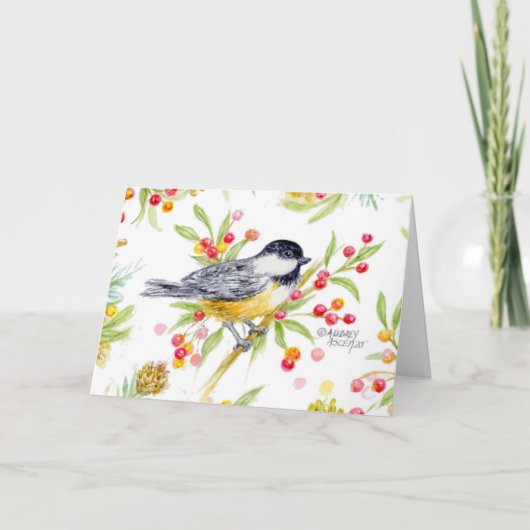 Holiday Chickadee Berry Branch Greeting Card Ankündigung (Vorderseite)