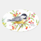 Holiday Chickadee Berry Branch Greeting Card Ovaler Aufkleber (Vorderseite)