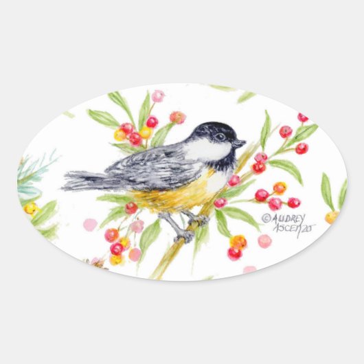 Holiday Chickadee Berry Branch Greeting Card Ovaler Aufkleber (Vorderseite)