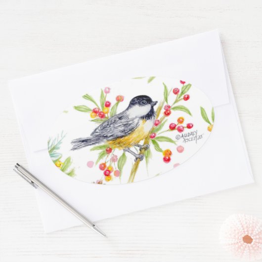 Holiday Chickadee Berry Branch Greeting Card Ovaler Aufkleber (Umschlag)