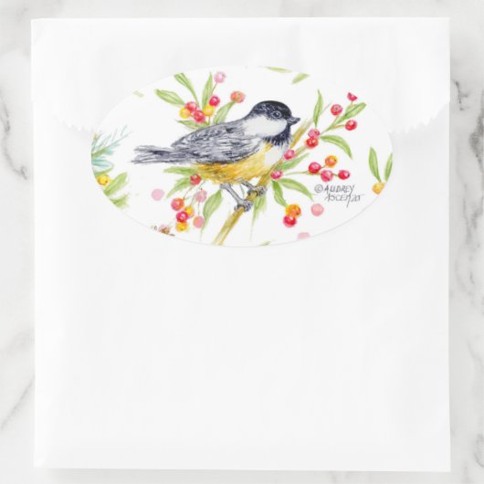 Holiday Chickadee Berry Branch Greeting Card Ovaler Aufkleber (Tasche)
