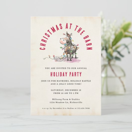 Holiday Christmas Barn Ranch Funny Pony Horse Einladung (Stehend Vorderseite)
