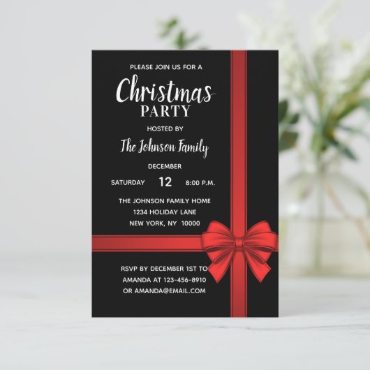 Holiday CHRISTMAS PARTY White Red Black Bow Einladung (Stehend Vorderseite)