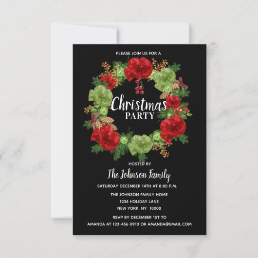 Holiday CHRISTMAS PARTY Wreath Black Red White Einladung (Vorderseite)