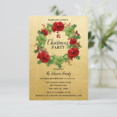 Holiday CHRISTMAS PARTY Wreath GOLD Rot Grün Einladung (Stehend Vorderseite)