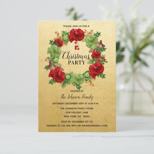 Holiday CHRISTMAS PARTY Wreath GOLD Rot Grün Einladung (Stehend Vorderseite)