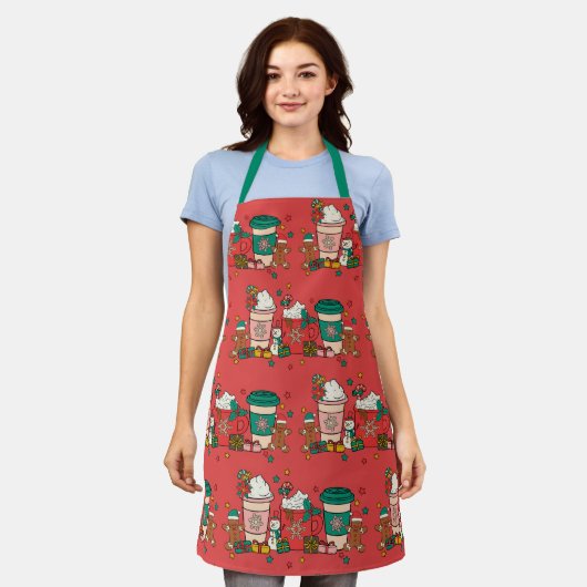 Holiday Coffee Red Schürze mit grünem Band (Getragen)