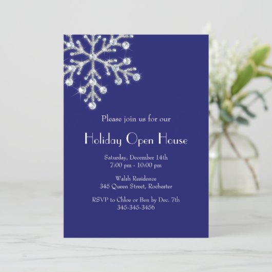 Holiday Crystal Snowflake Open House (Indigo) Einladung (Stehend Vorderseite)