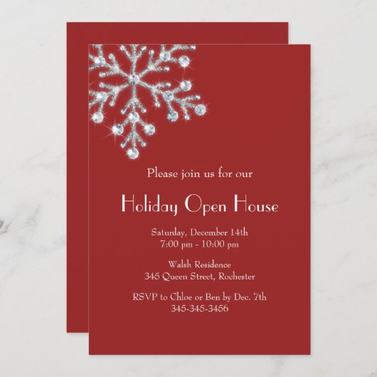 Holiday Crystal Snowflake Open House (rot) Einladung (Vorne/Hinten)