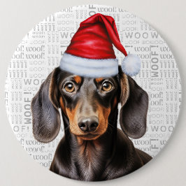 Holiday Dachshund Santa Dog on Woof Background Button