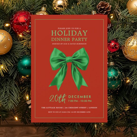 Holiday Dinner Party Green Satin Bow Red Einladung