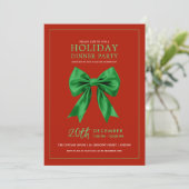 Holiday Dinner Party Green Satin Bow Red Einladung (Stehend Vorderseite)