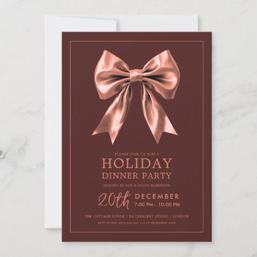 Holiday Dinner Party Rose Gold Satin Bow Burgundy Einladung (Vorderseite)