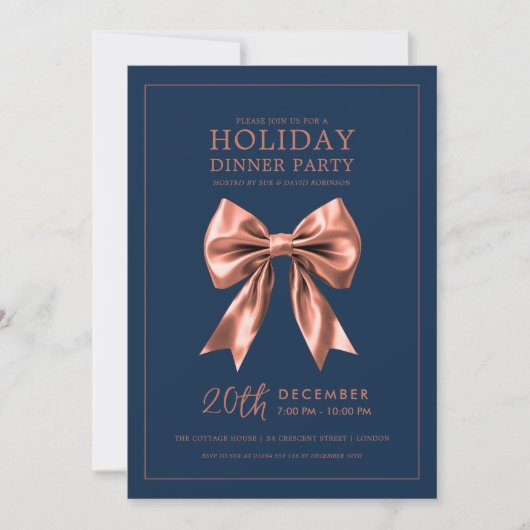 Holiday Dinner Party Rose Gold Satin Bow Navy Blue Einladung (Vorderseite)