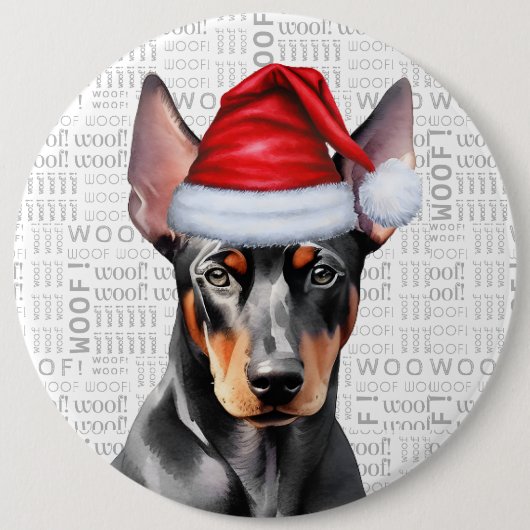 Holiday Doberman Santa Dog on Woof Background Button (Vorderseite)