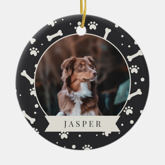 Holiday Dog Bone & Pawprint Personalisiertes Pet-F Keramik Ornament (Vorne)