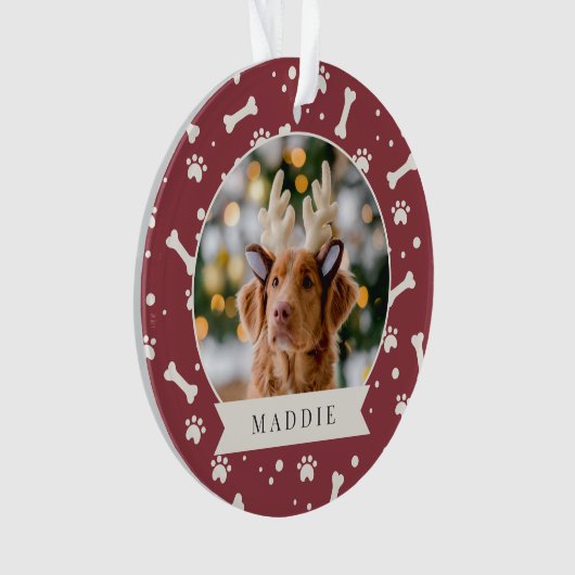 Holiday Dog Bone & Pawprint Personalisiertes Pet-F Ornament (Vorderseite)