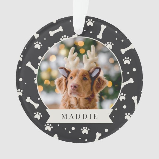 Holiday Dog Bone & Pawprint Personalisiertes Pet-F Ornament (Vorderseite)